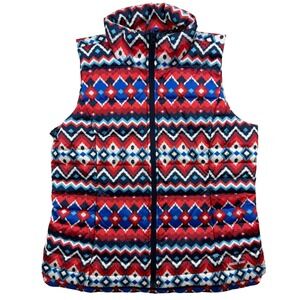 Lands' End Puffer Vest Size M Down Fill Aztec Pattern Zip‎ Quilted Sleeveless
